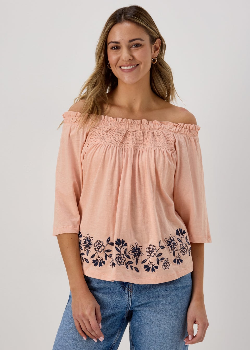 Pink Embroidered Bardot Top