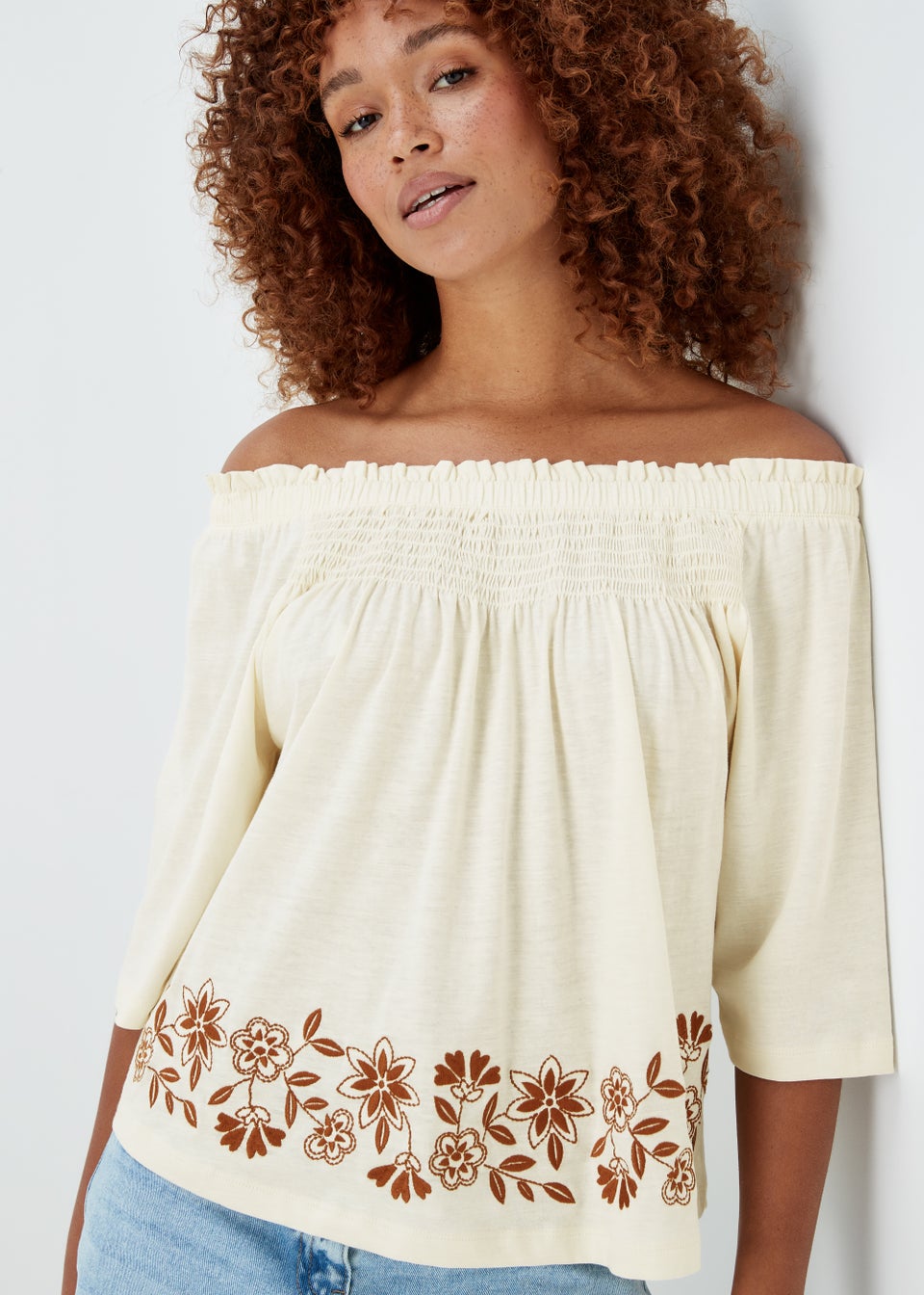 Ivory Embroidered Bardot Top