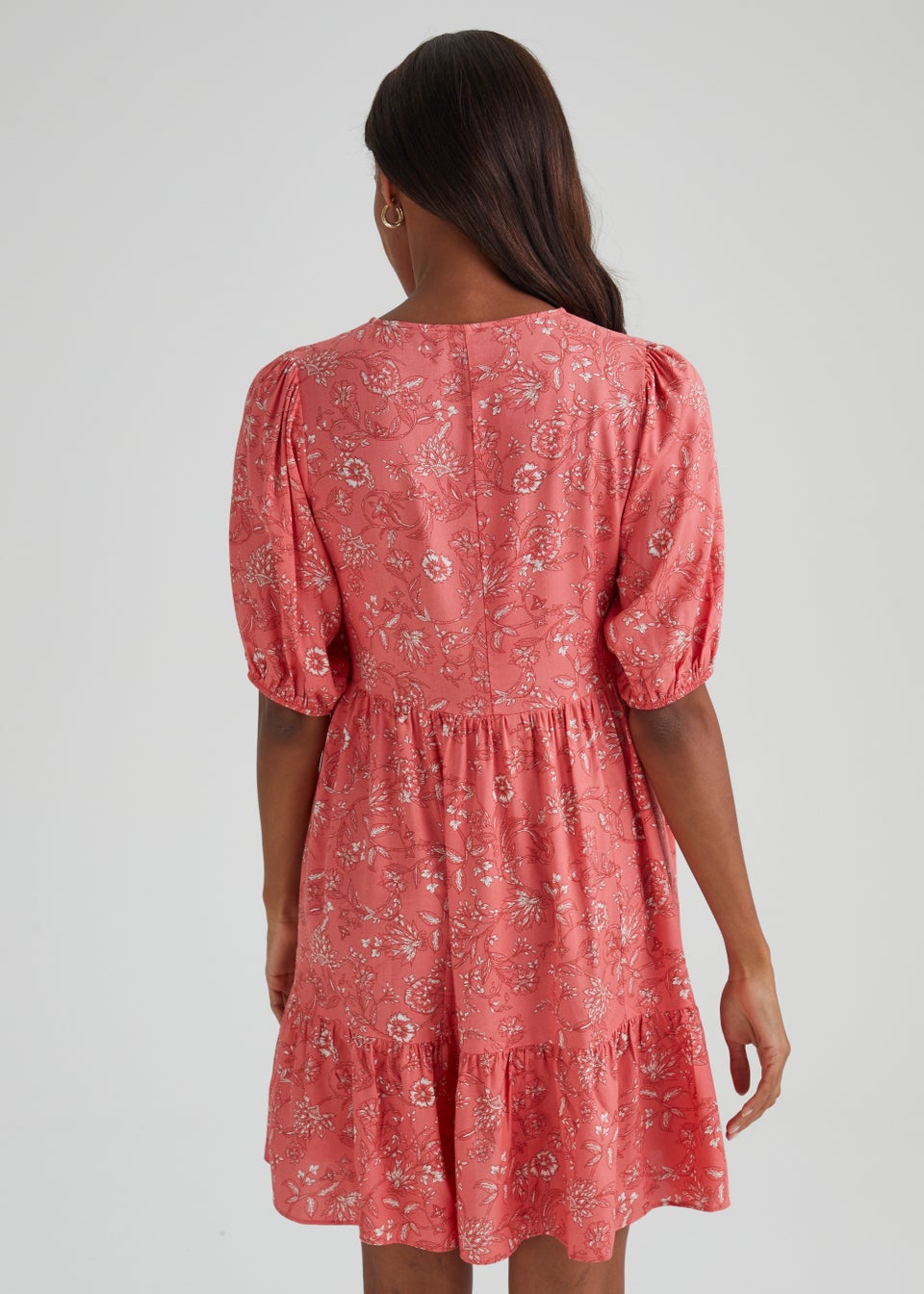 Coral Floral Print Short Sleeve Mini Dress