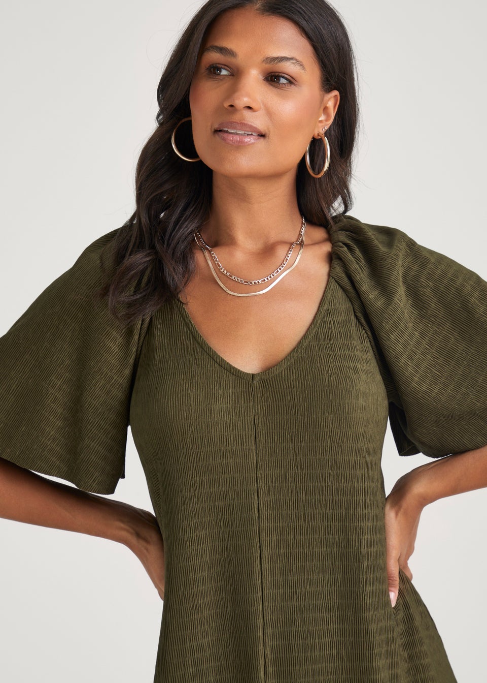 Papaya Petite Khaki Crinkle Midi Dress