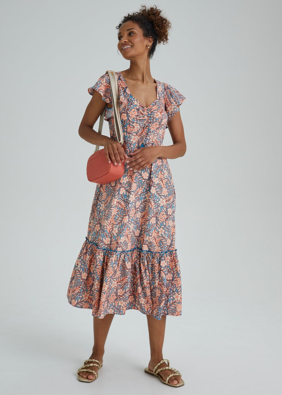 Papaya Petite Blue Floral Print Ruched Midi Dress Matalan