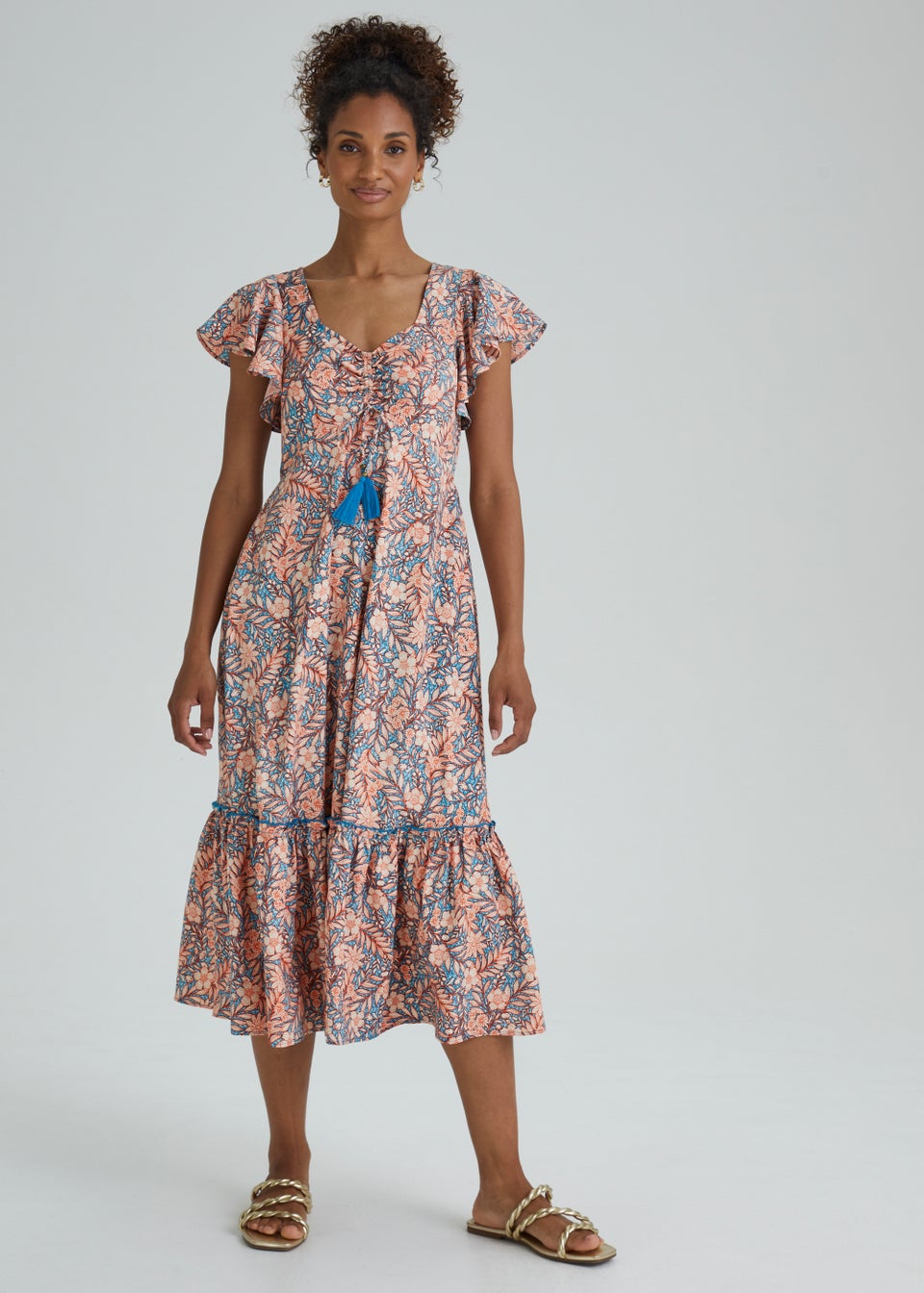 Papaya Petite Blue Floral Print Ruched Midi Dress Matalan