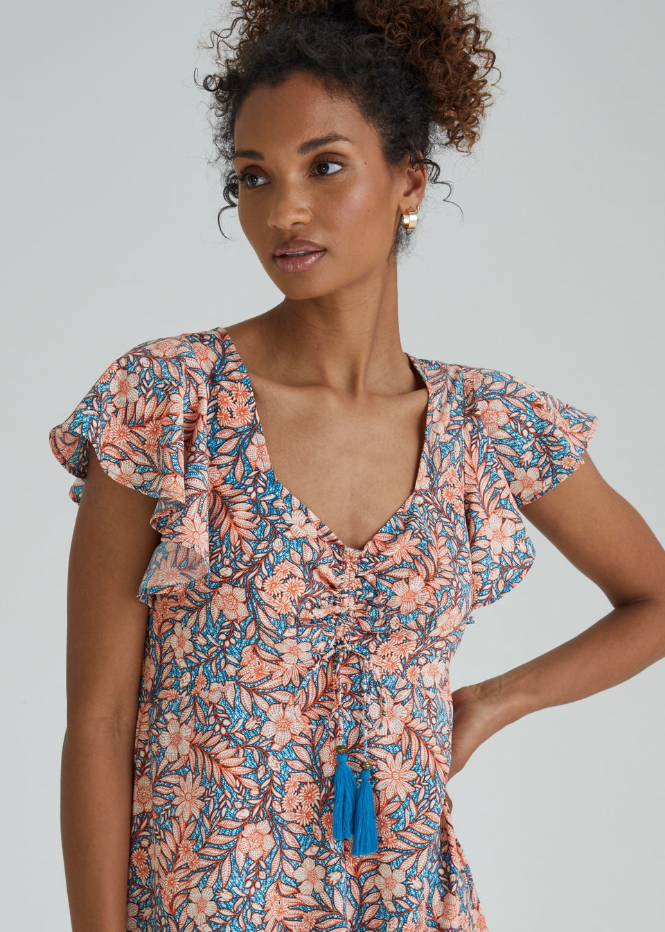 Papaya Petite Blue Floral Print Ruched Midi Dress Matalan