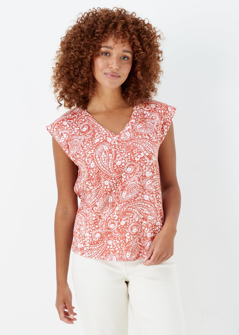 Red Paisley Print V Neck Top