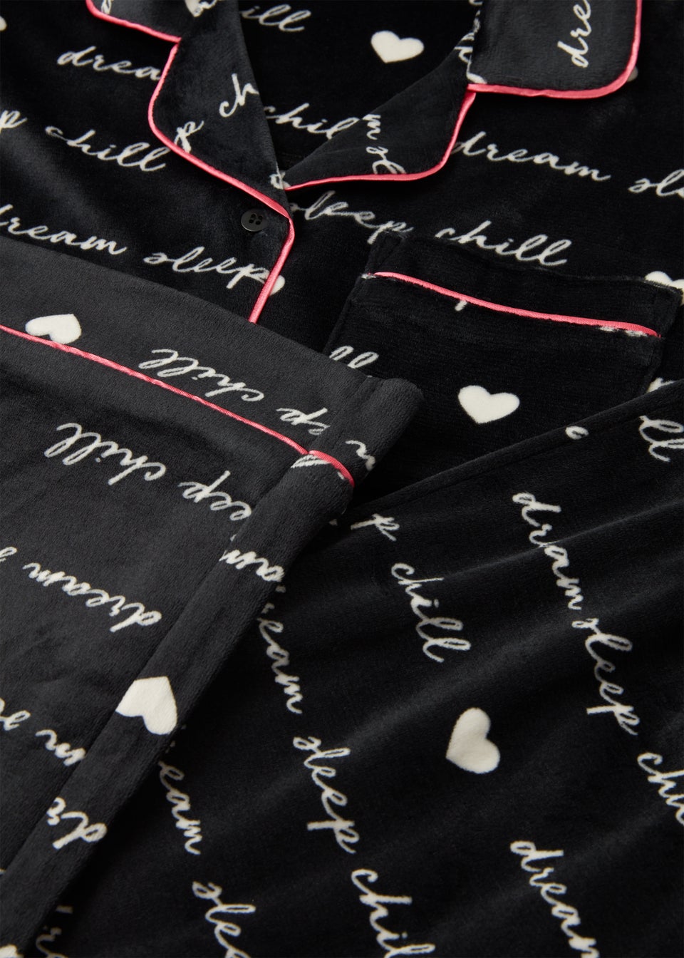 Girls Black Velour Slogan Button Up Pyjama Set (4-13yrs)