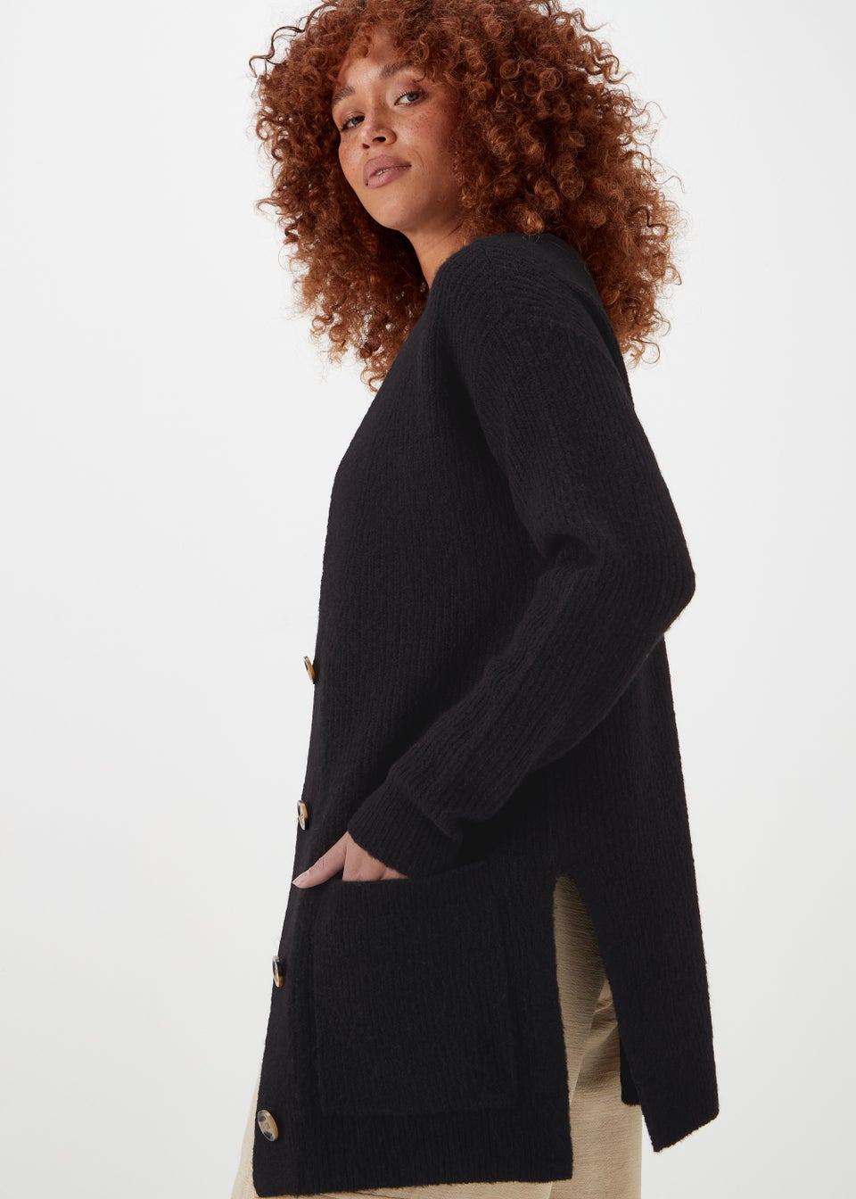 Papaya Petite Black Ribbed Boyfriend Cardigan