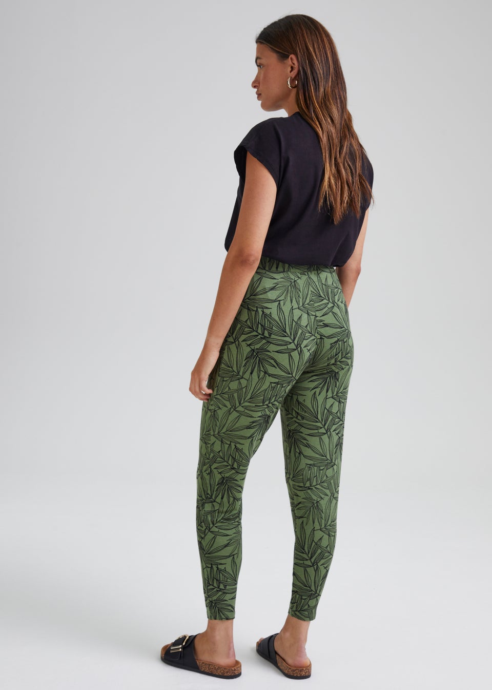 Green Olive Leaf Print Harem Leggings
