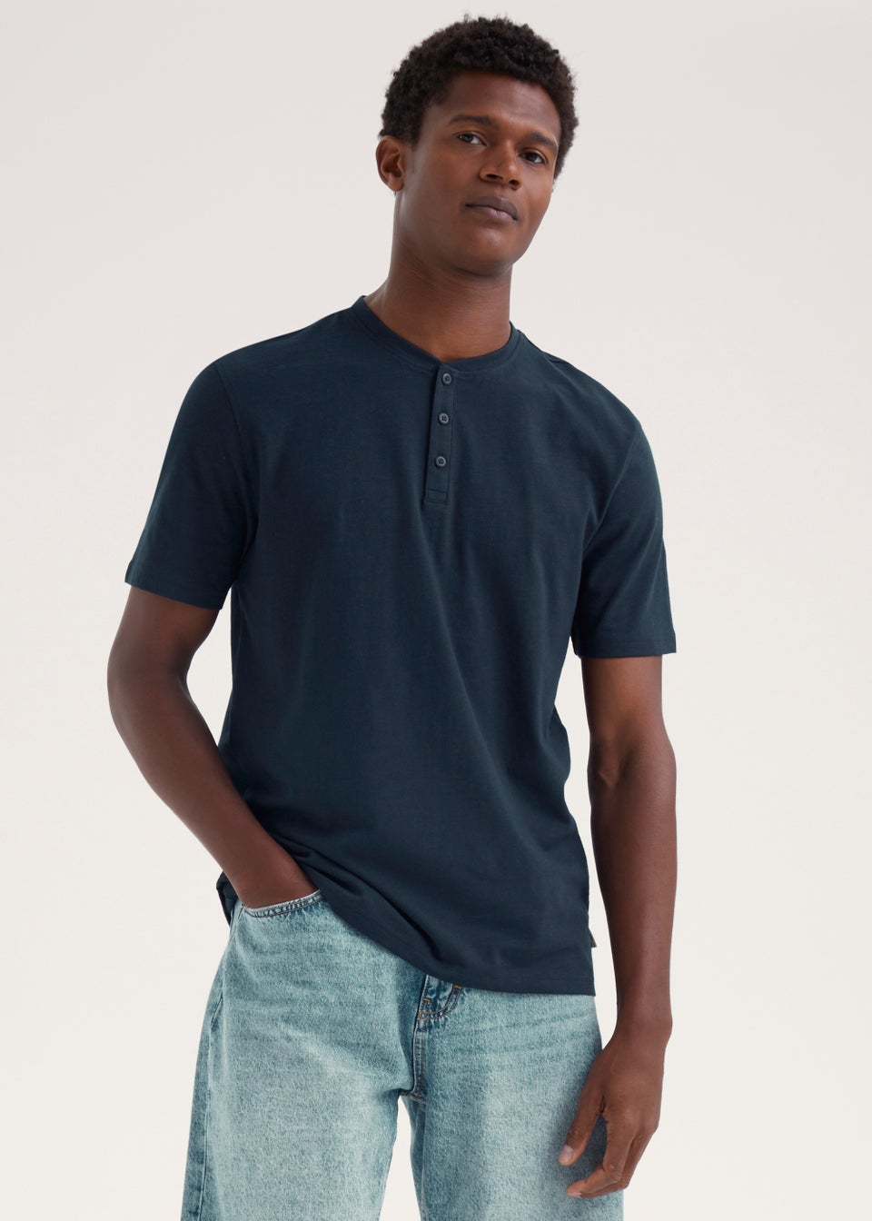 Navy Grandad Collar TShirt Matalan