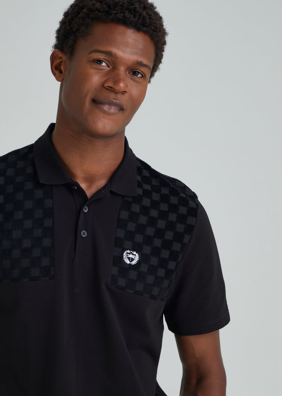 Black Chequerboard Print Towelling Polo Shirt