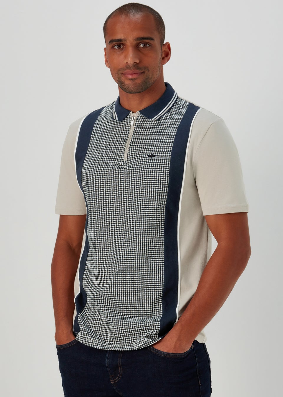 Stone Houndstooth Panel Polo Shirt