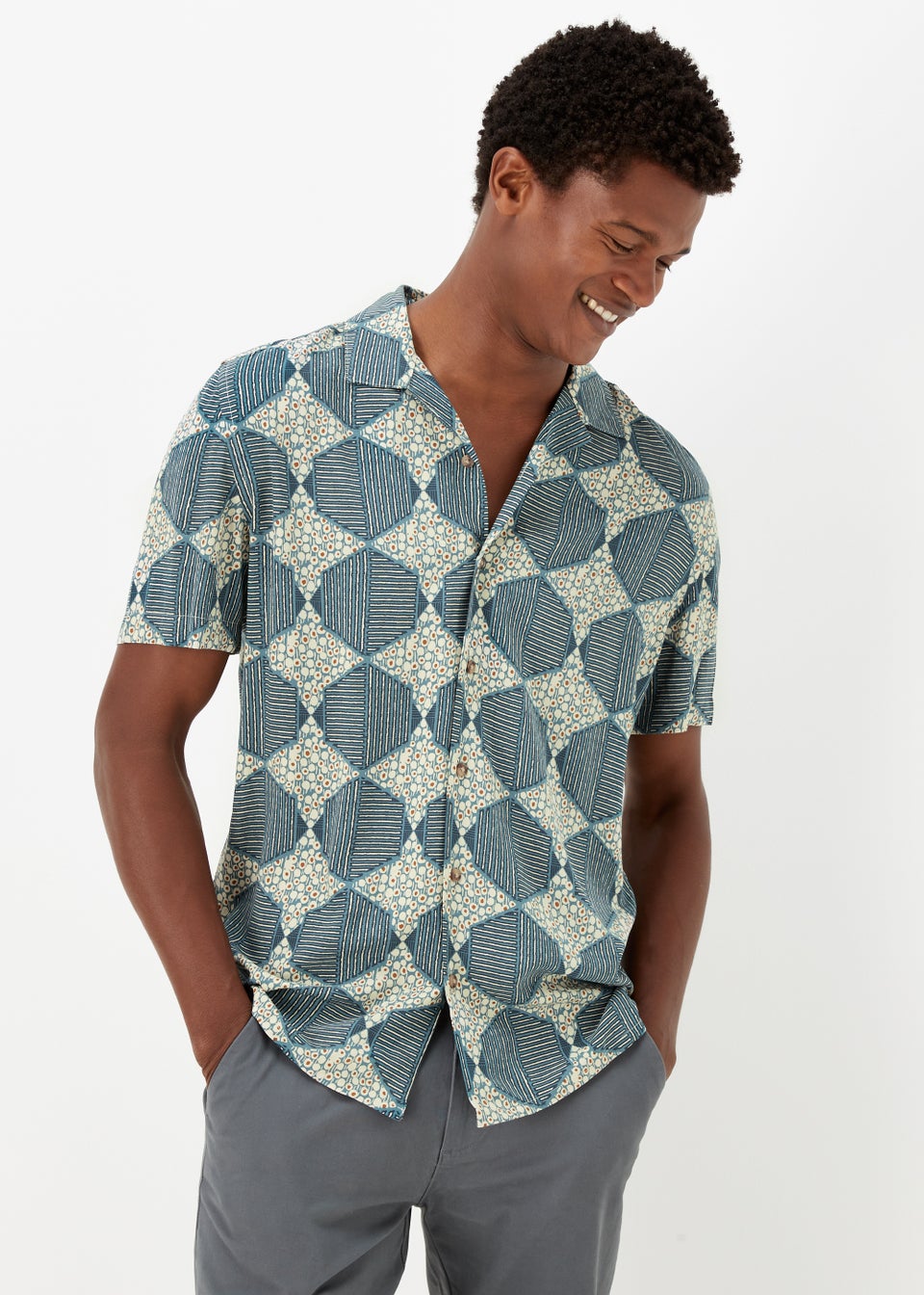 Teal Hexagon Print Short Sleeve Shirt - Matalan
