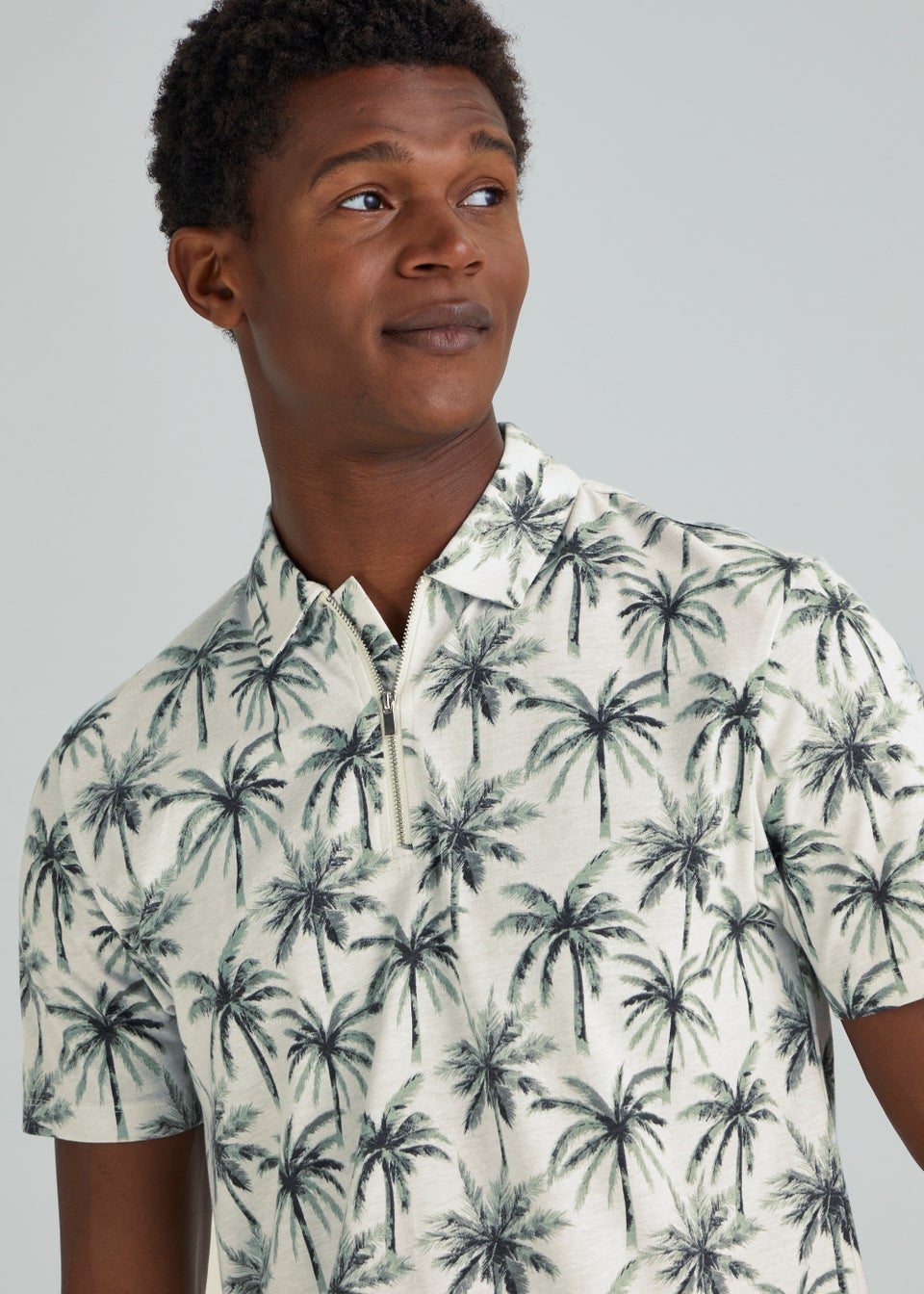 Ecru Palm Tree Print 1/4 Zip Polo Shirt - Matalan