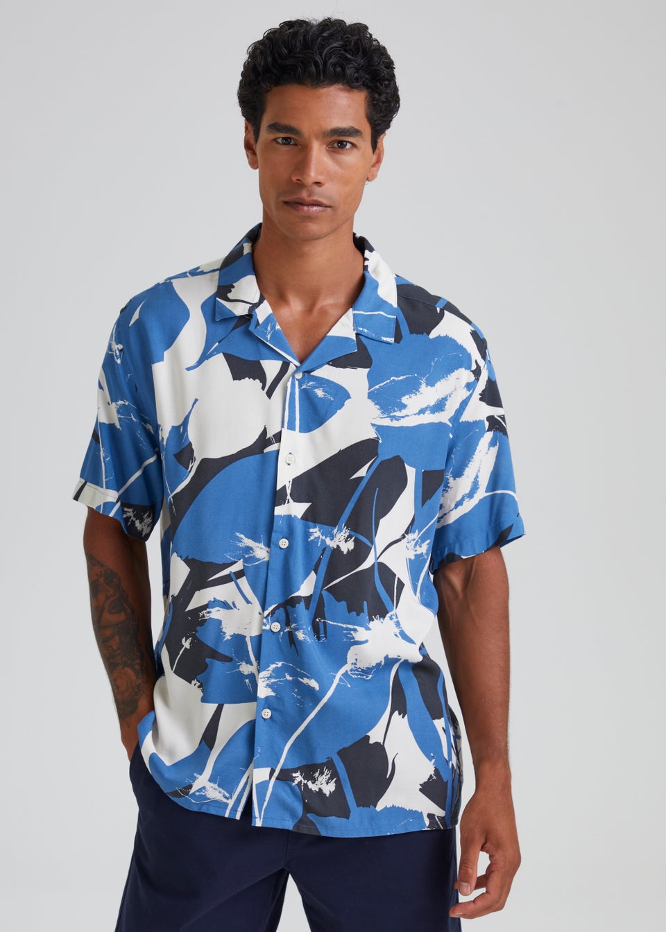 Blue Abstract Print Revere Short Sleeve Shirt - Matalan