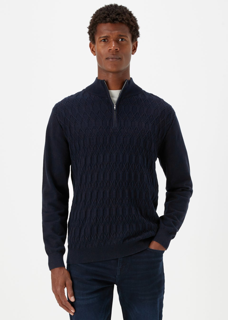Navy 1/4 Zip Textured Sweatshirt - Matalan