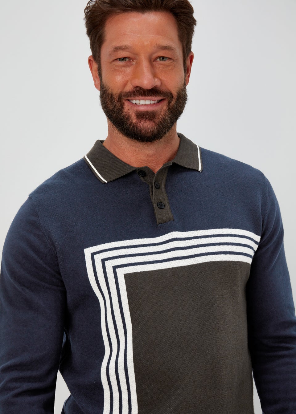 Khaki Block Print Long Sleeve Polo Shirt
