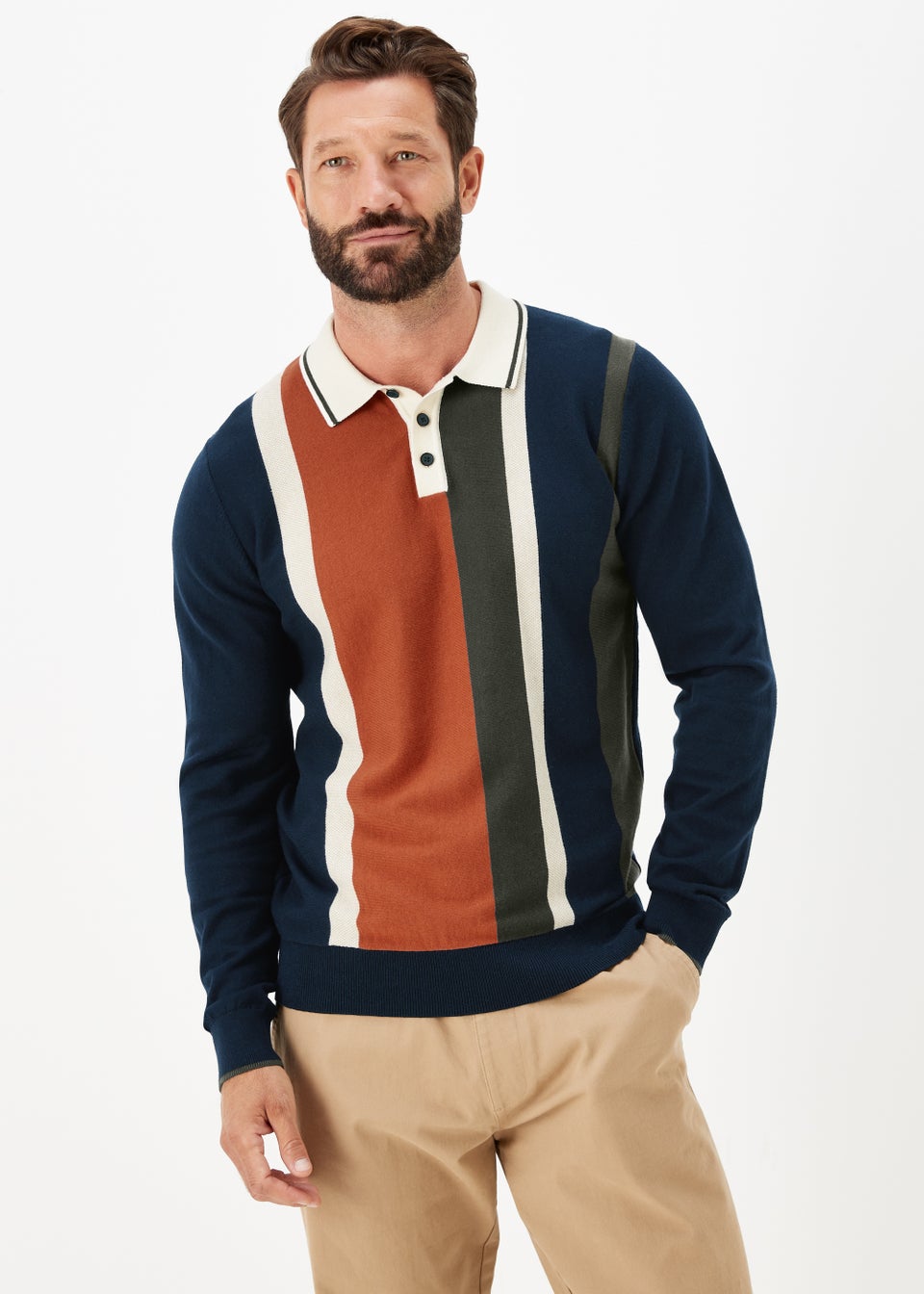 Navy Stripe Long Sleeve Polo Shirt