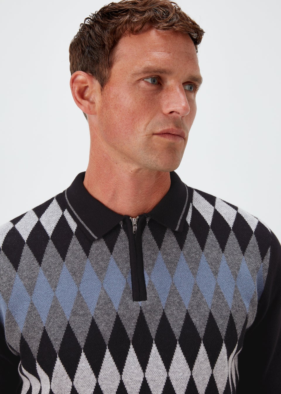 Grey Argyle Print Long Sleeve Zip Up Polo Shirt