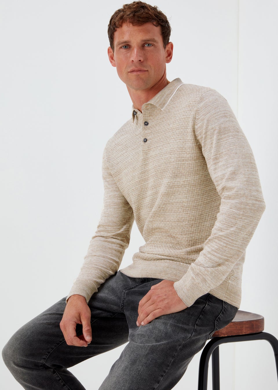 Stone Space Dye Textured Knitted Polo Shirt