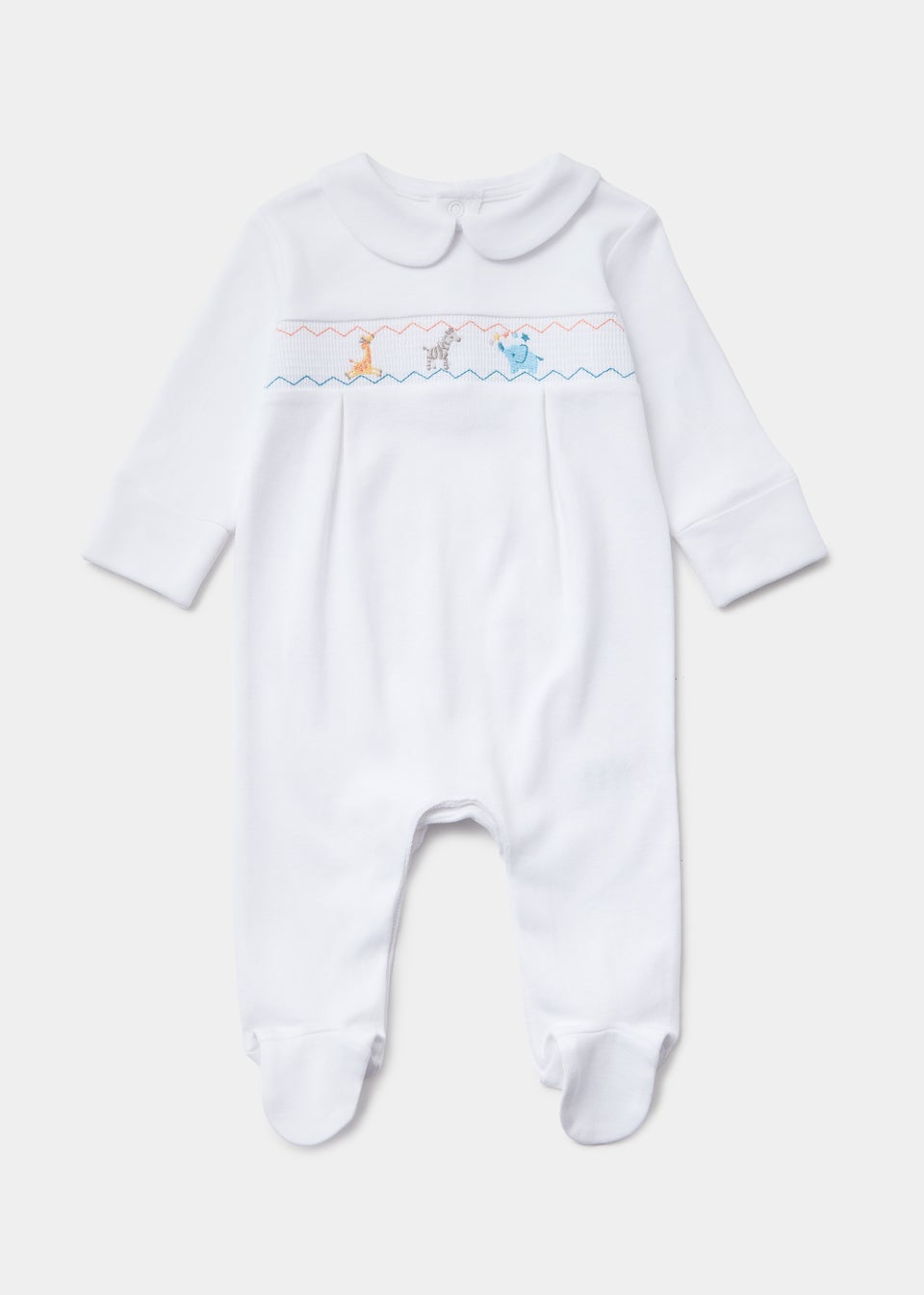 Baby White Smocked Rainbow Print Sleepsuit (Tiny Baby-12mths)