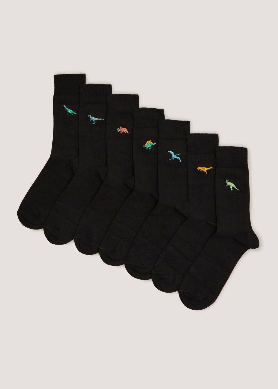 7 Pack Black Dinosaur Embroidered Socks
