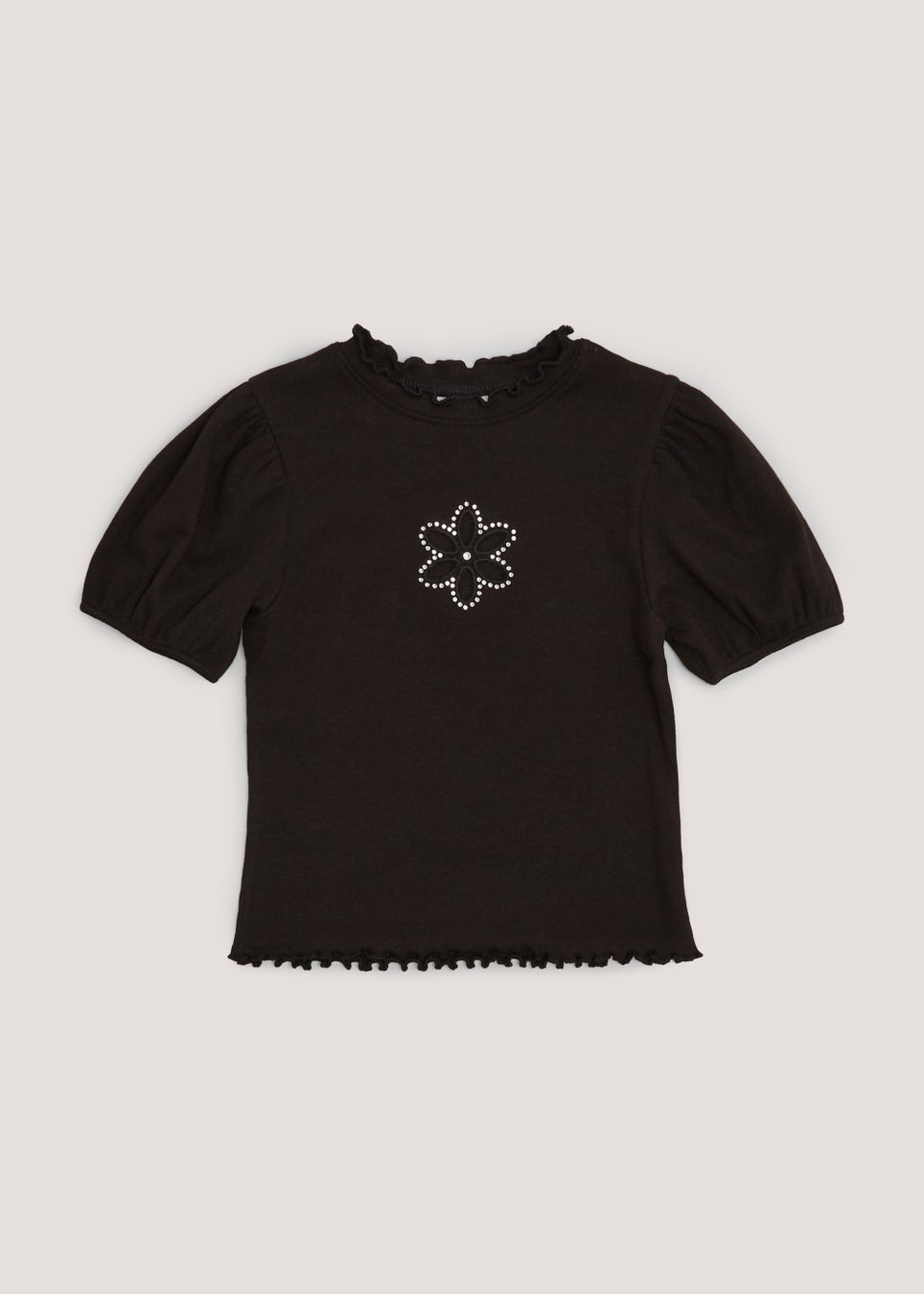 Girls Black Puff Sleeve Diamante Top (4-13yrs)