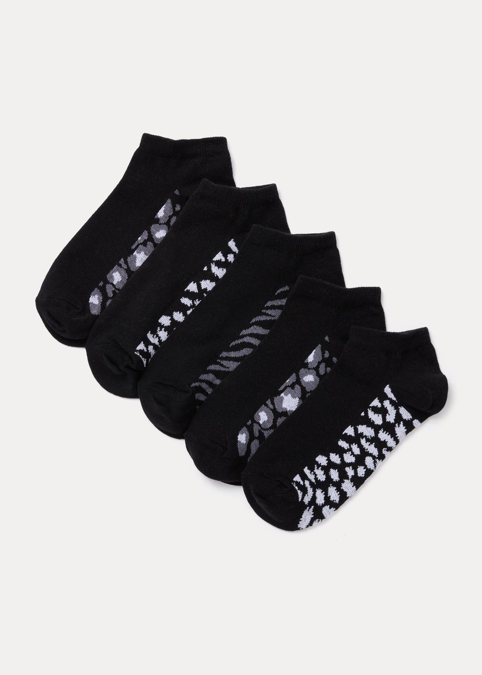 5 Pack Black Animal Print Footbed Socks