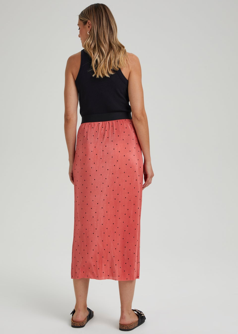 Red Spot Plisse Midi Skirt