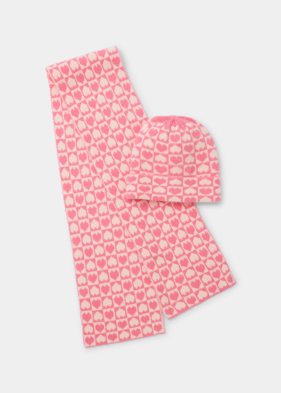 Kids Pink & Cream Heart Knitted Beanie Hat & Scarf Set (7-13yrs)