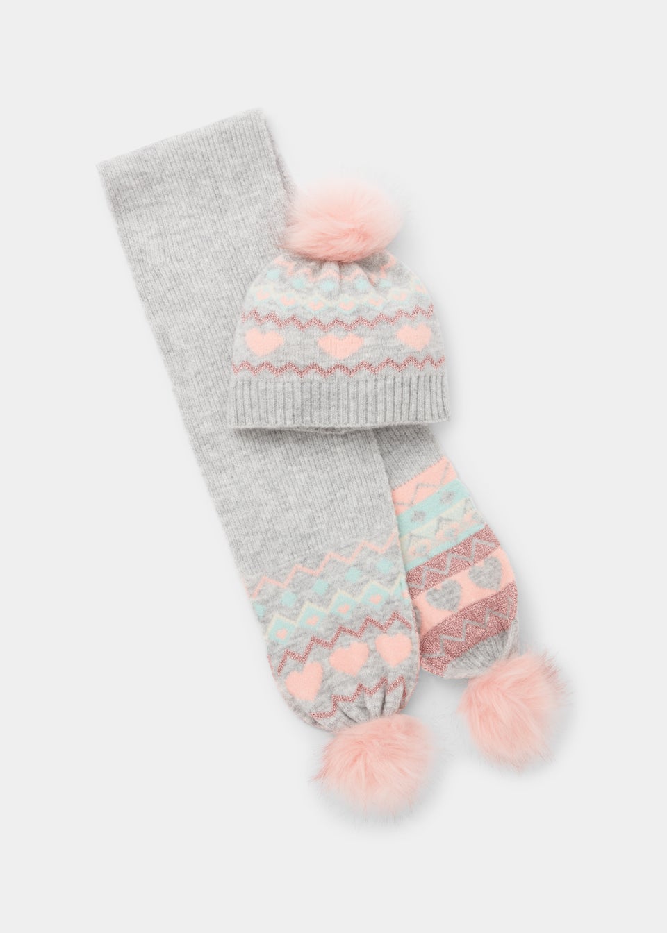 Kids 2 Pack Heart Knitted Bobble Hat & Scarf Set (3-10yrs)