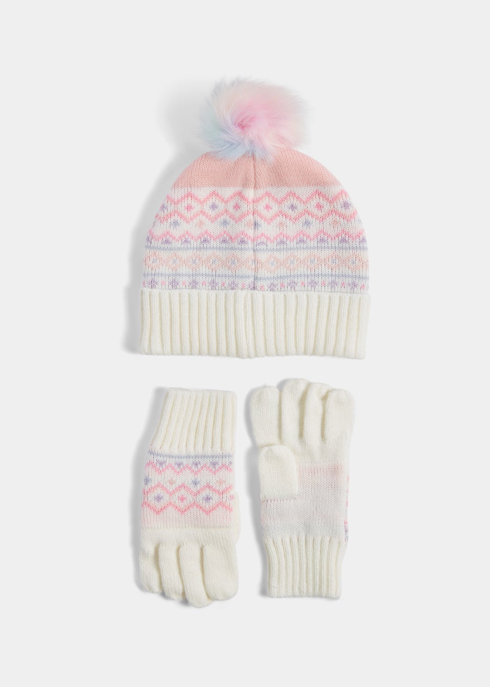 Girls 2 Piece Multicoloured Bobble Hat & Gloves Set (3-10yrs)