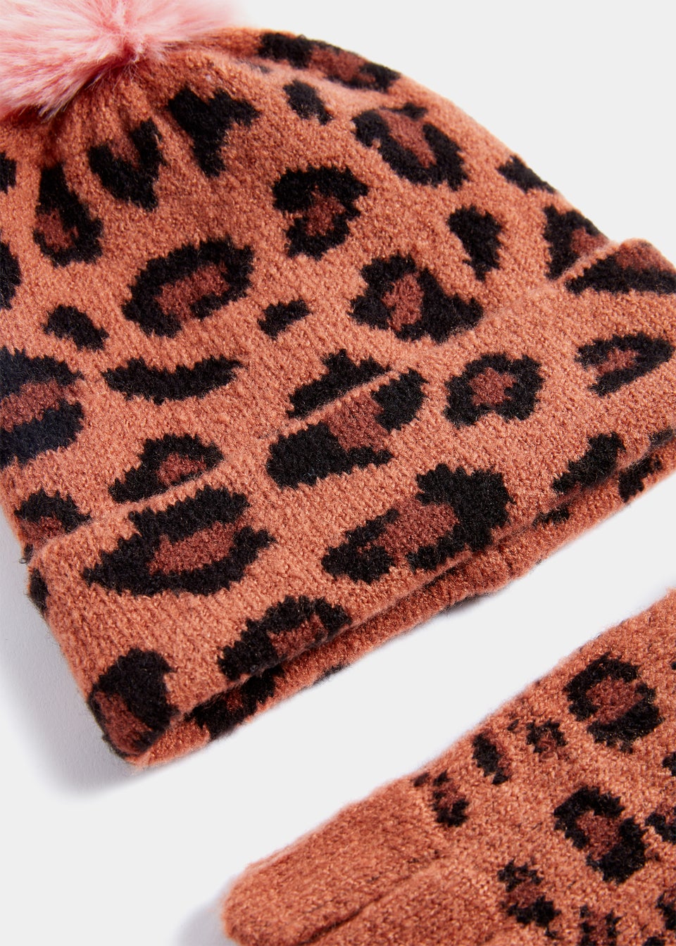 Girls Brown Animal Print Pom Pom Hat & Gloves Set (3-13yrs)