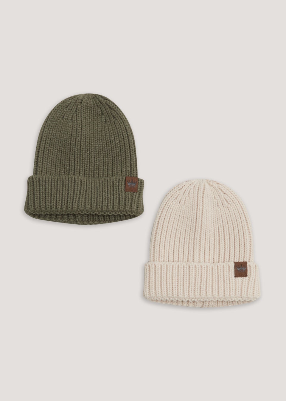 Kids 2 Pack Khaki Chunky Ribbed Beanie Hats (3-13yrs)