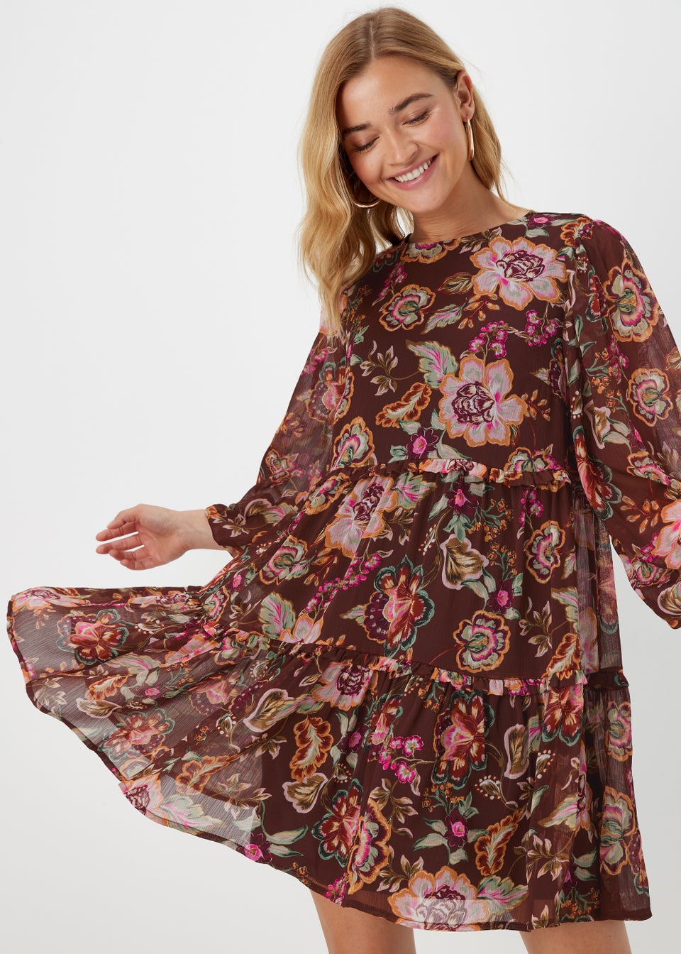 Brown Floral Chiffon Mini Dress