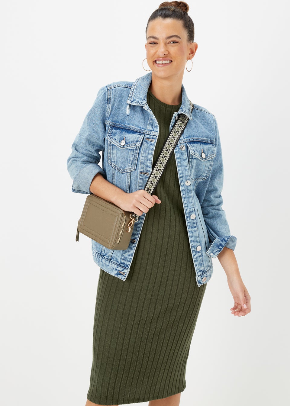 Khaki Ribbed Midi Dress Matalan