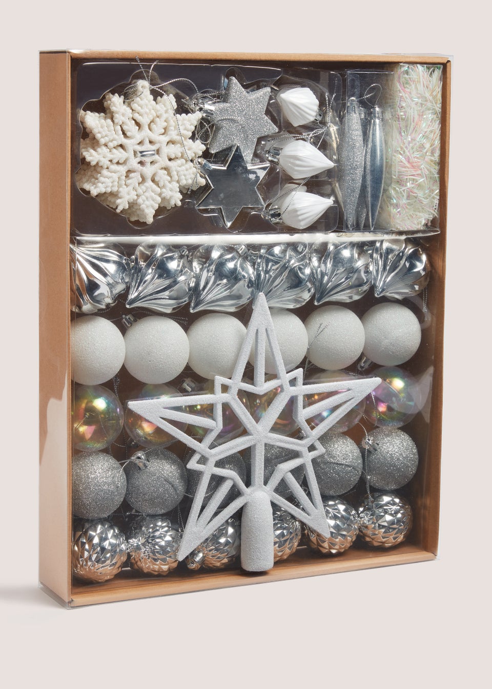 60 Piece Silver & White Christmas Tree Set