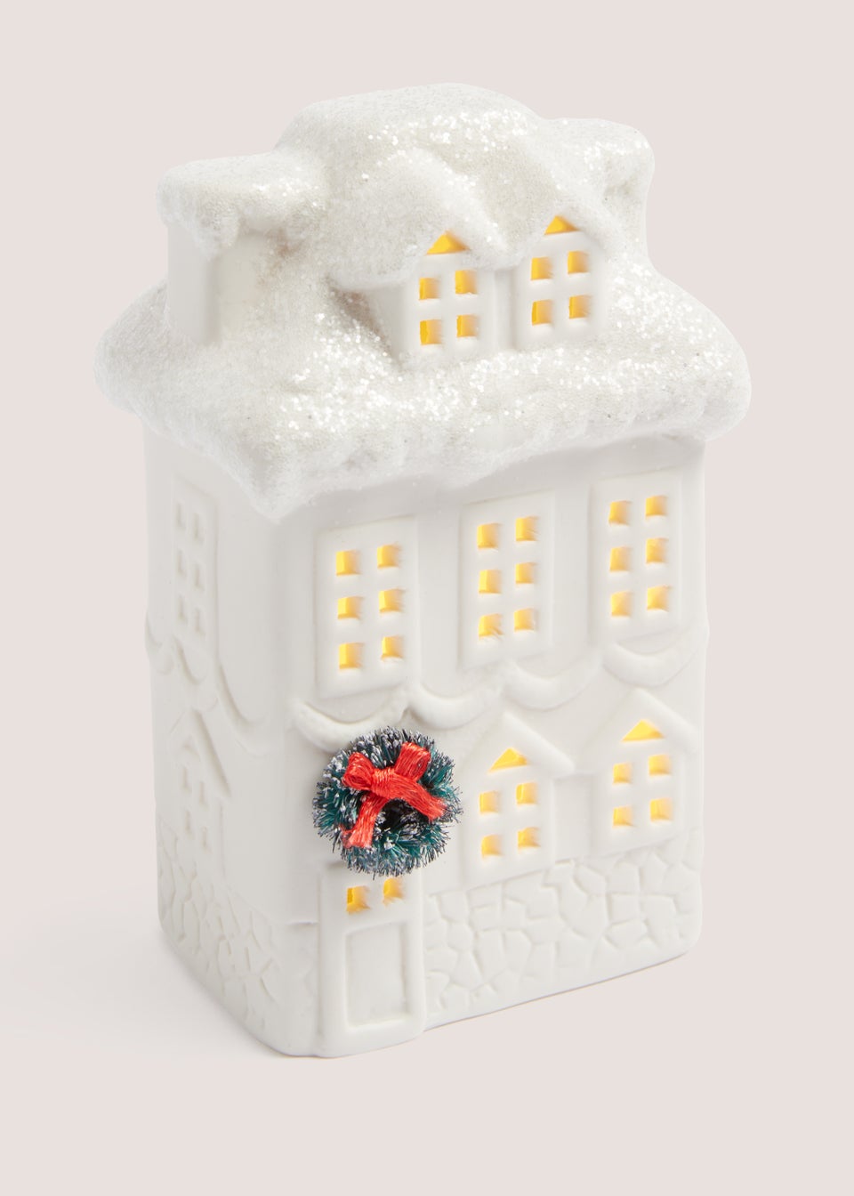 White Ceramic LED Wreath House (8cm x 7cm x 16cm)