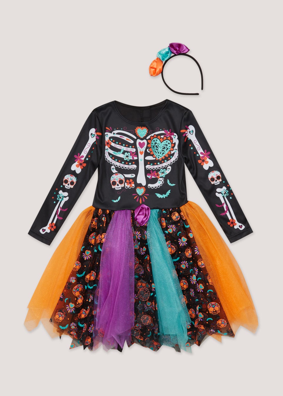 Kids Multicoloured Day Of The Dead Fancy Dress Costume (12mths-11yrs)
