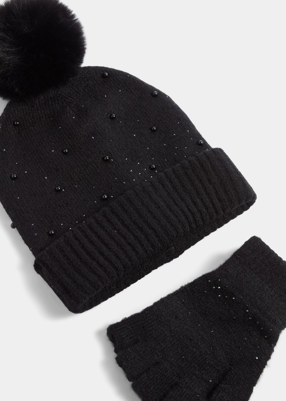 Girls 2 Piece Black Embellished Bobble Hat & Fingerless Gloves Set (7-13yrs)