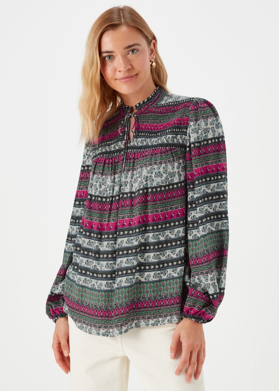 Multicoloured Scarf Print Shirred Blouse