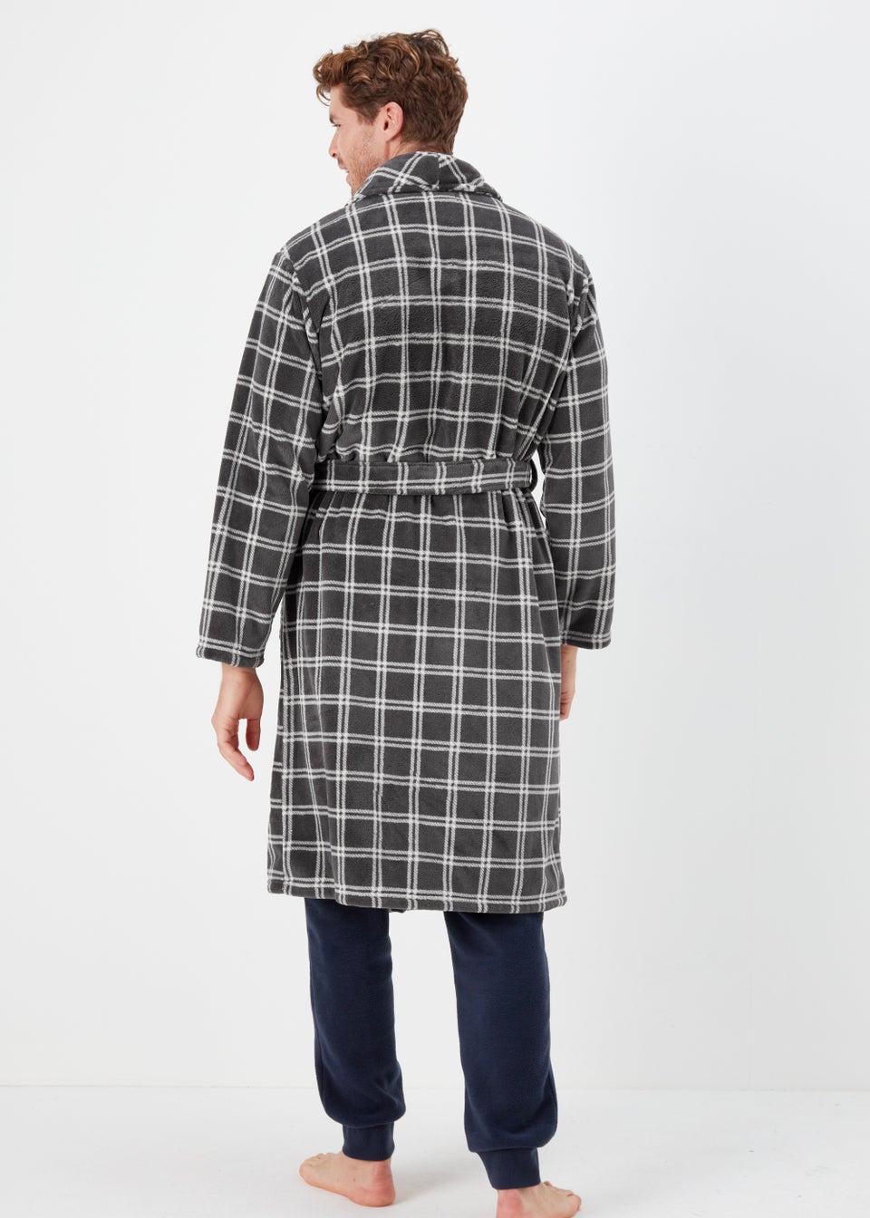 Grey Check Print Coral Fleece Dressing Gown