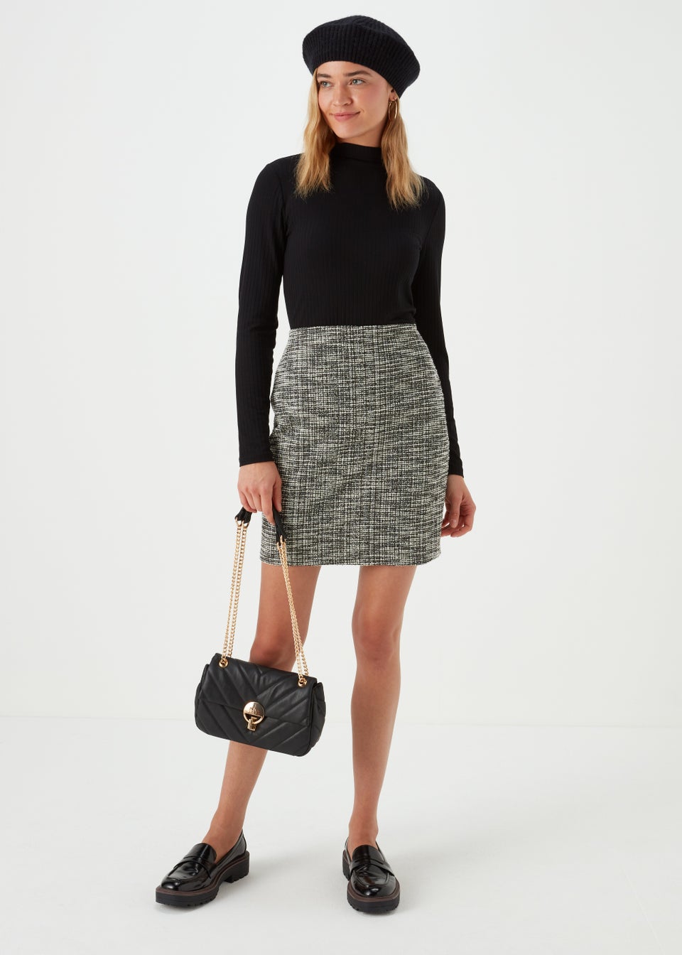 Black Textured Boucle Mini Skirt