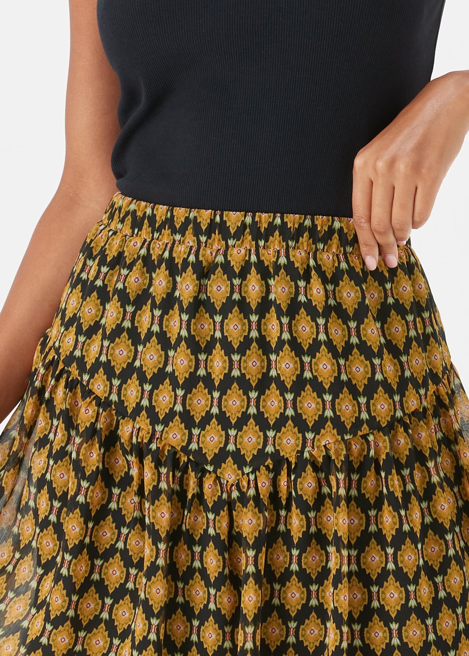 Black Foulard Print Chiffon Mini Skirt