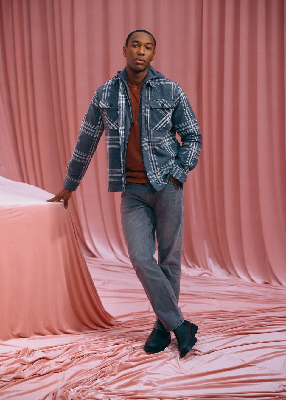 Grey Check Print Hooded Overshirt