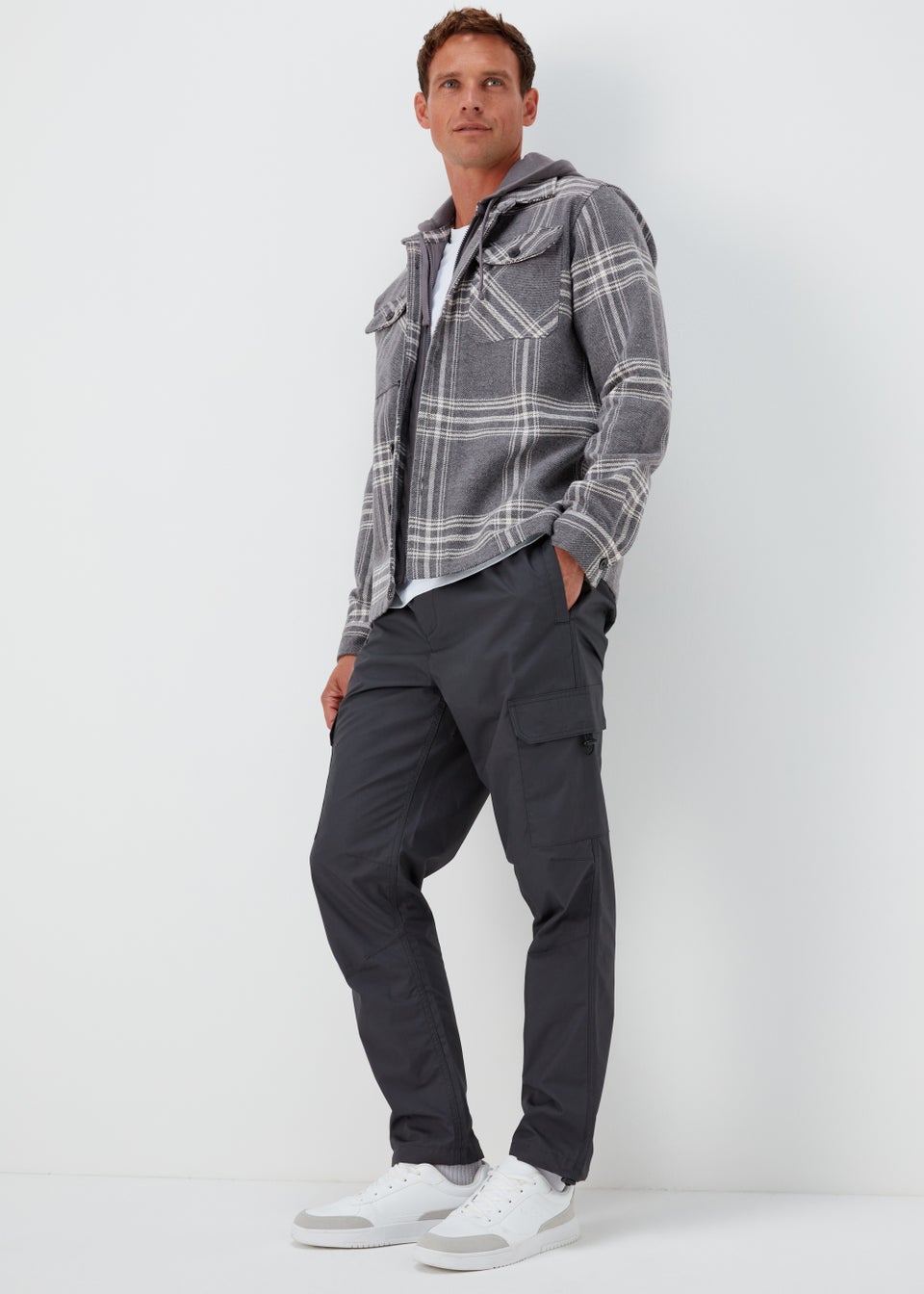 Grey Check Print Hooded Overshirt