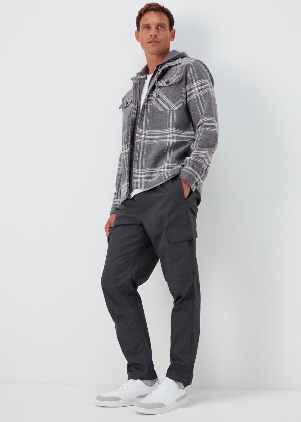 Grey Check Print Hooded Overshirt - Matalan