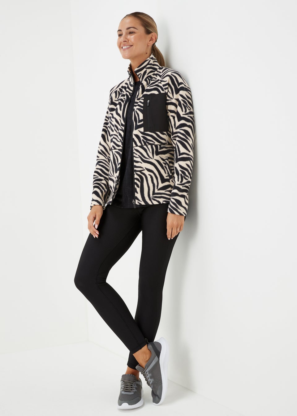 Souluxe Cream Zebra Print Zip Up Polar Fleece Sports Jacket