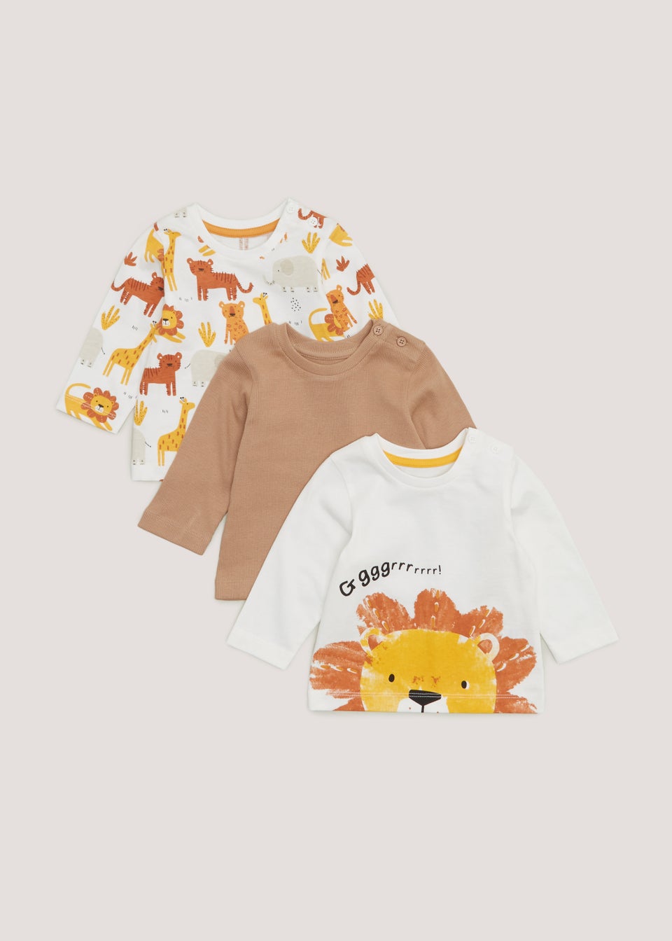 Baby 3 Pack Long Sleeve Jungle Animal T-Shirts (Newborn-23mths)