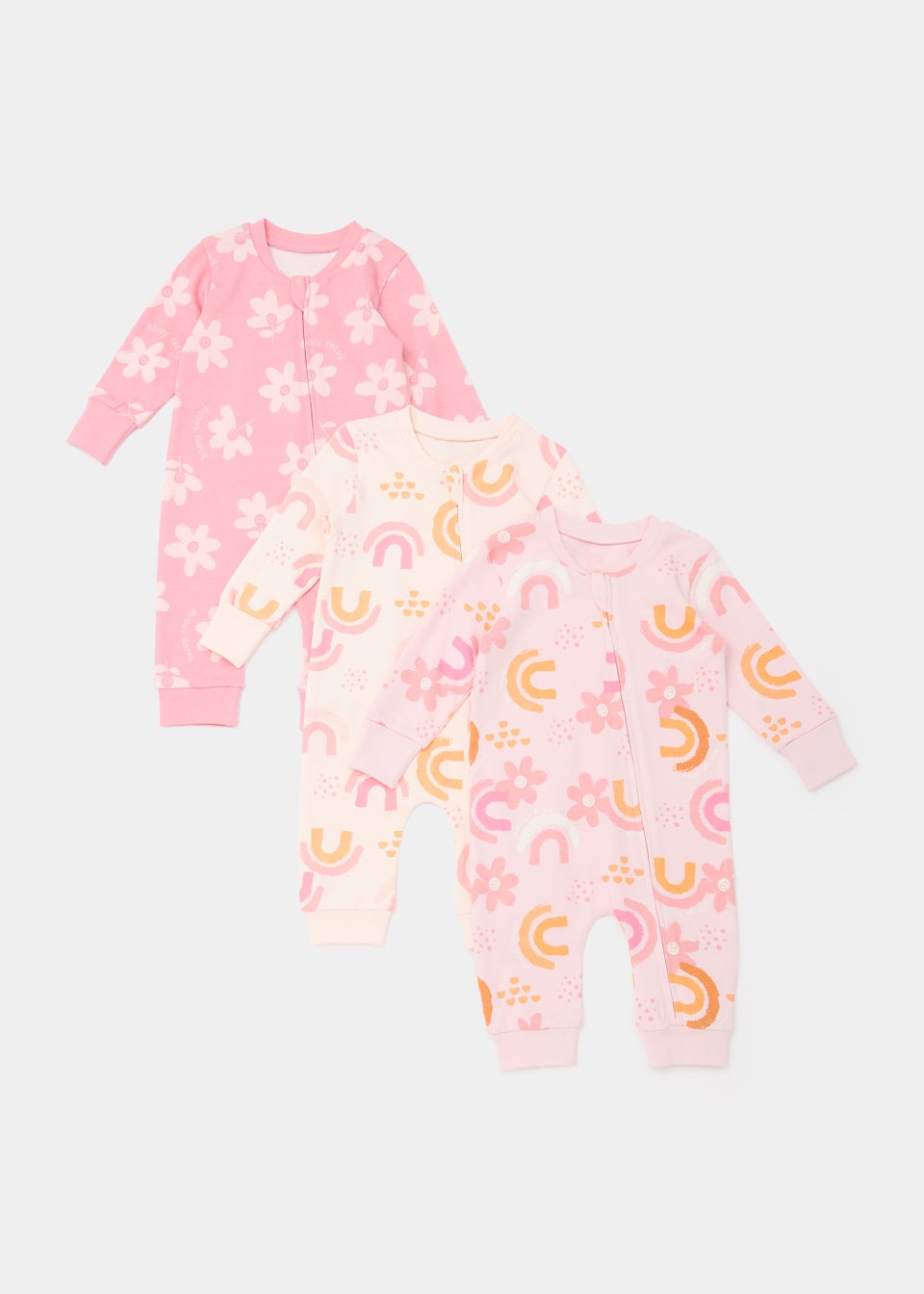 Baby 3 Pack Pink Flower Zip Up Sleepsuits (Tiny Baby-18mths)