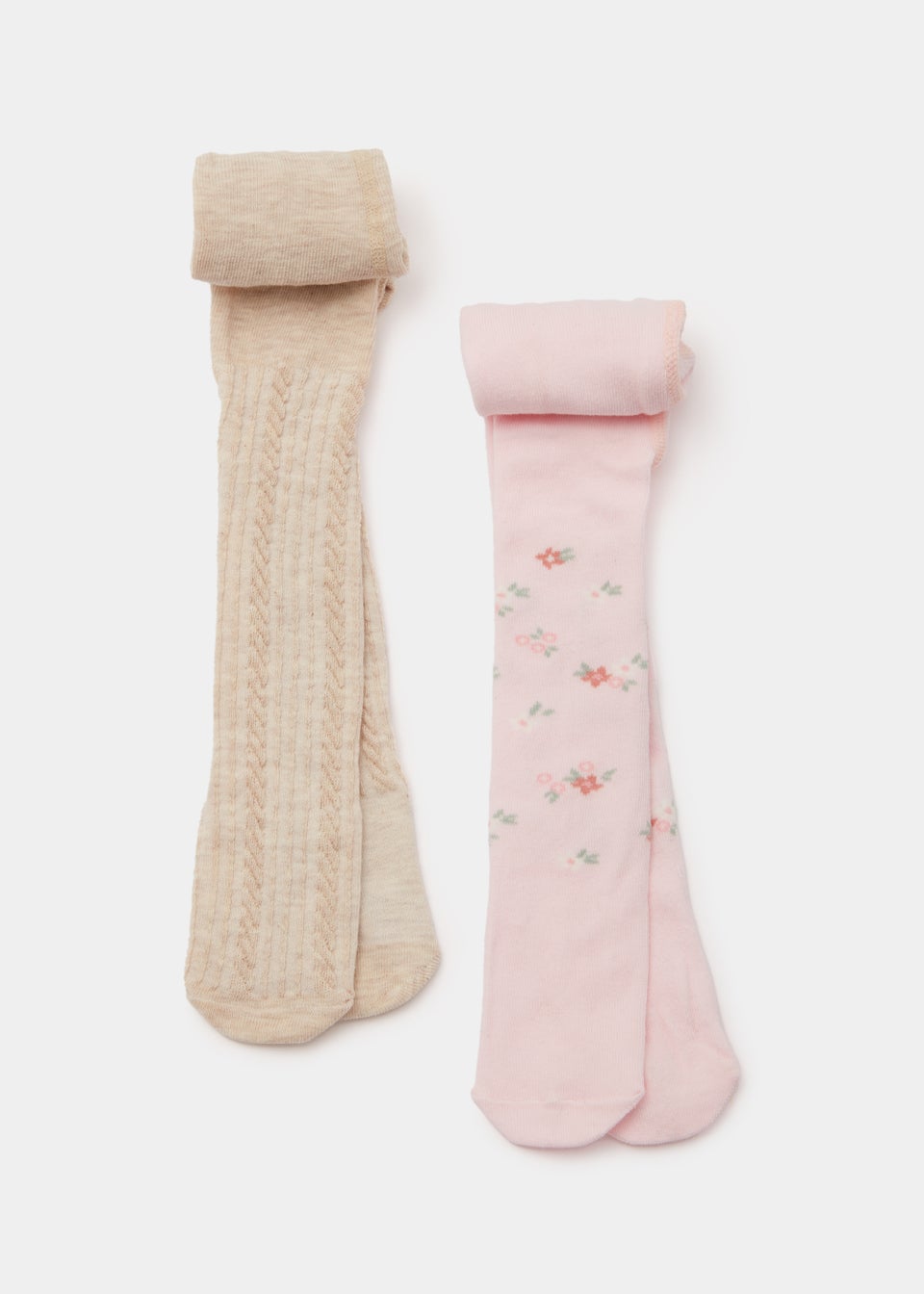 Baby 2 Pack Pink Flower & Cream Cable Knit Tights (Newborn-18mths)