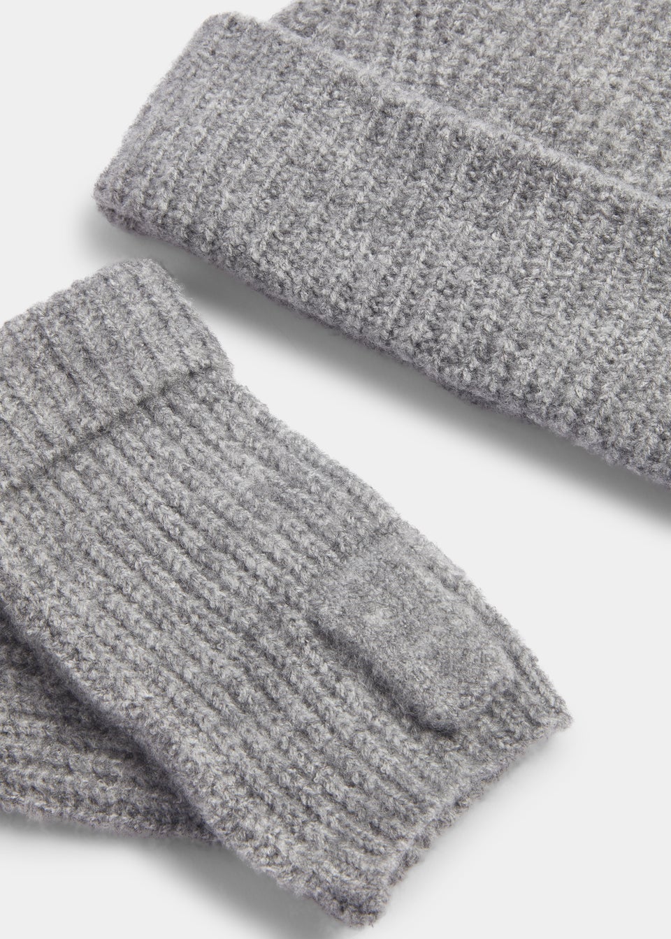 Grey Ribbed Beanie Hat & Fingerless Gloves Set